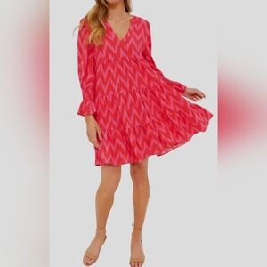 Pomander Place Tuckernuck Pink Ikat Tiered Babydoll Dress Small